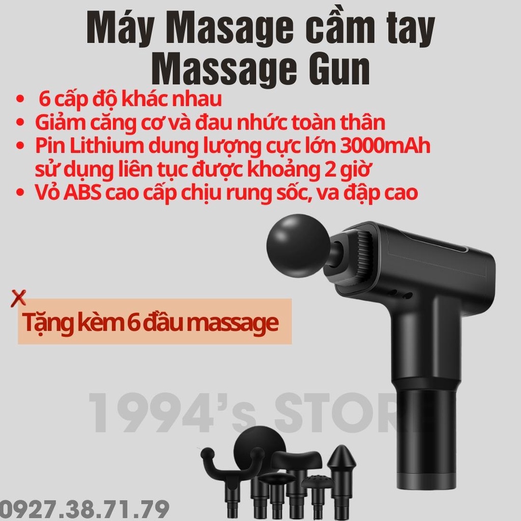 Massage Gun cổ vai gáy kèm 6 đầu mát xa chuyên sâu Máy massage cầm tay 6 đầu 6 cấp độ trị đau nhức toàn thân hiệu quả