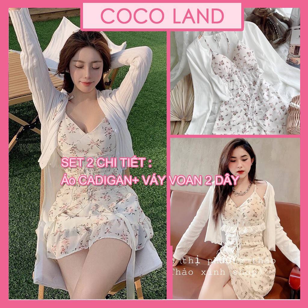set váy hoa 2 dây cúp ngực kèm áo khoác cực xinh Chất đũi tàu siu mềm mát - Áo cardigan len mỏng nữ ❤️ FREESHIP❤️
