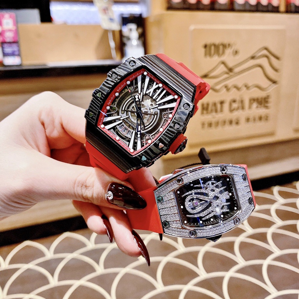 Đồng Hồ Nam Nữ Hanboro Nam Máy Automatic, Nữ Máy Pin , Dây Cao Su Màu Đỏ , Size 36mm/48mm fullbox