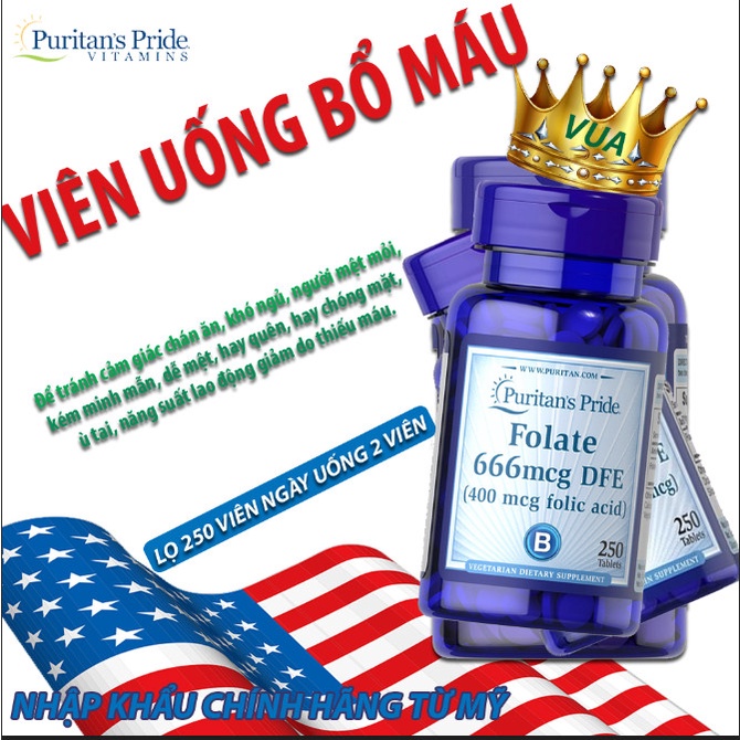 Viên uống Ngăn Ngừa Thiếu Máu Bổ Sung Folic Acid 400 mcg Puritan’s Pride Folate 666 mcg DFE 250Viên (mẫu mới)