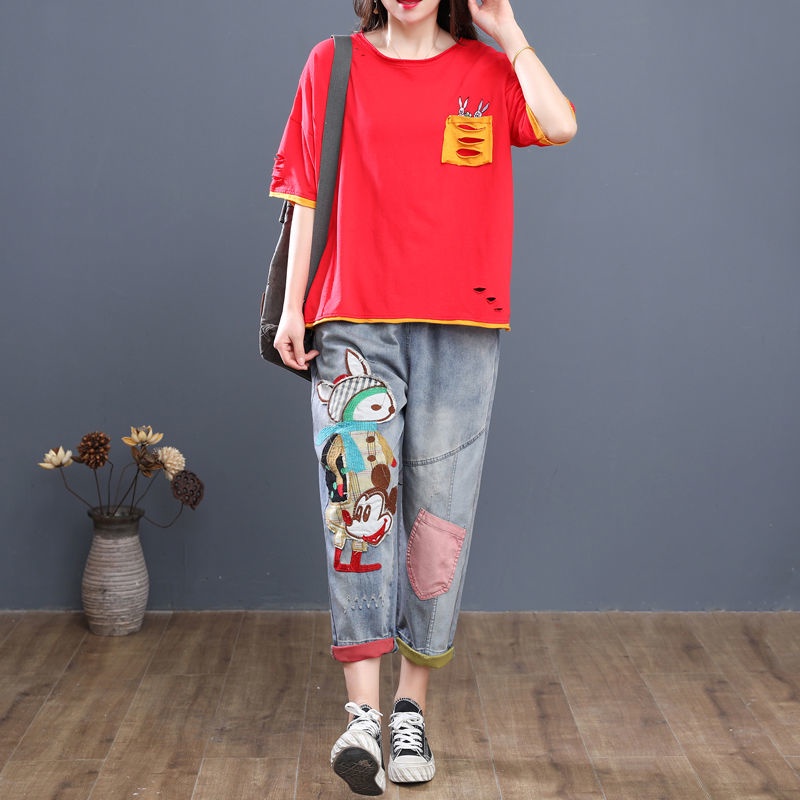 Quần Denim Lưng Cao Dáng Rộng Thêu Họa Tiết Hoạt Hình Xinh Xắn Có Size Lớn Dành Cho Nữ