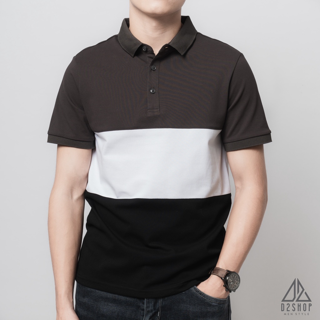 Áo thun polo nam D2shop, áo polo nam phối 3 màu xám trắng đen
