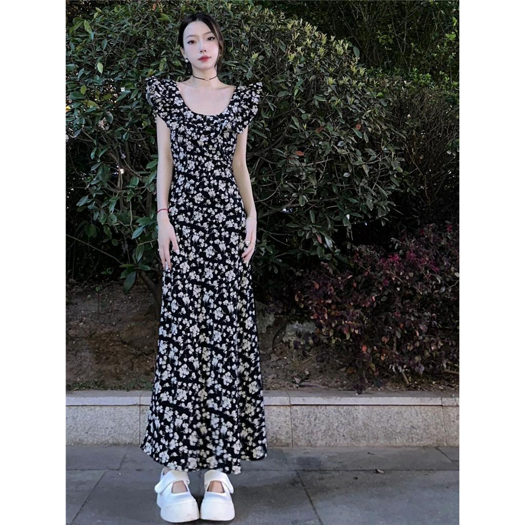 Đầm Đen Dáng Ôm In Hoa Phối Bèo Nhún Kiểu Pháp 62470