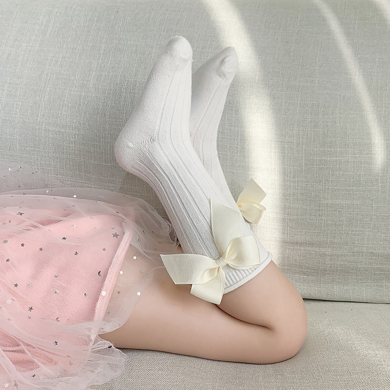 Vớ Cotton Dài Qua Gối Đính Nơ Chống Trượt Cho Bé Gái