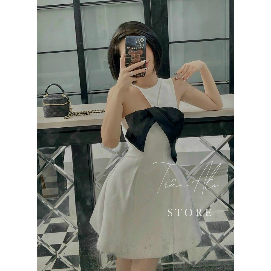 [8.8 Sales Freeship] Đầm nữ thiết kế, đầm kiểu chéo cổ đính nơ to,  đầm xoè phối cổ yếm hở ngực dáng xoè sang chảnh dx