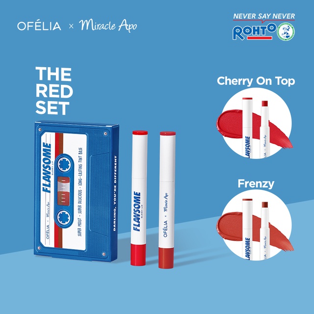 Set son Ofélia x Miracle Apo Flawsome Glow Lip The Red Set (2 x 2g) + TẶNG Túi Trang điểm Flawsome's Retro Cassette