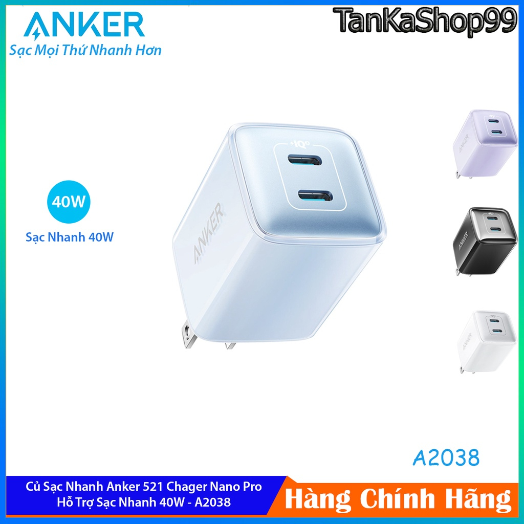 Củ Sạc Nhanh Anker 521 Nano Pro 40W A2038, 2 cổng Type C Sạc Nhanh PD PPS QC cho điện thoại ,máy tính, laptop