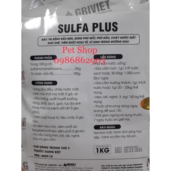SULFA PLUS đầu đen, sưng mắt, phù đầu, chảy nước mắt, khò khè, viem ruot, kst mau, viem ruot hoai tu gói 100g