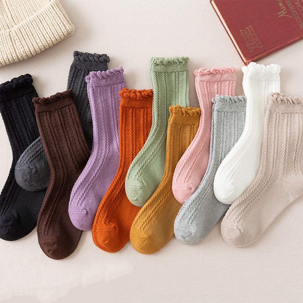 Đôi Vớ Cotton Phối Ren Thời Trang Thu Đông Nhiều Màu Dành Cho Nữ