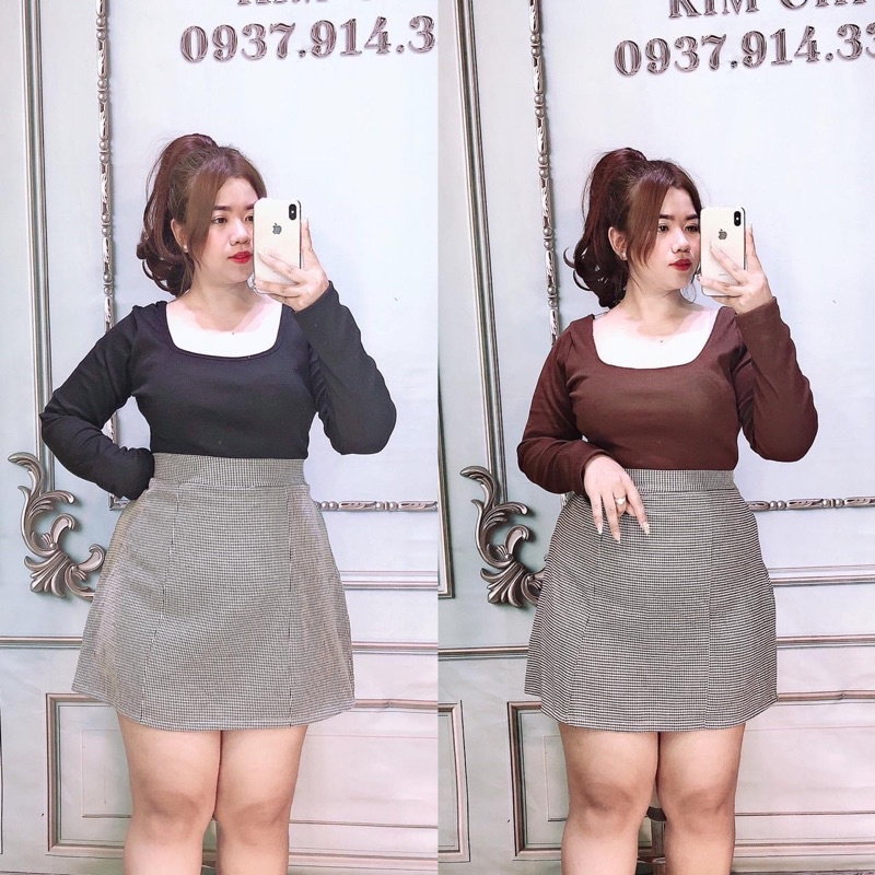 (Shop bigsize nữ 50kg-90kg) Set áo thun gân tay dài mix chân váy A caro