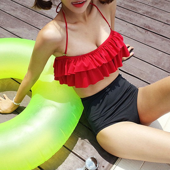 SAVVY Bikini, đồ bơi 2 mảnh nữ đi biển sexy monokini bèo 2 tầng yếm màu đỏ đen cao cấp sang chảnh