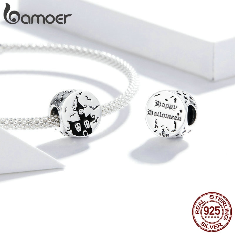 Hạt charm Bamoer SCC1615 mạ bạc 925 in hình lâu đài ma trang trí vòng tay thời trang cho nữ