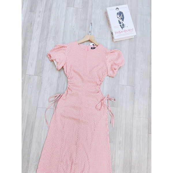 ☘️VÁY HỒNG DÚT EO TAY BỒNG cổ tròn dáng ôm eo chữ A dài maxi hở eo sang chảnh tiểu thư sexy