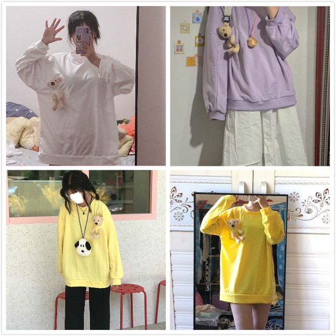 Áo tay dài dáng rộng trang trí túi có hình gấu dễ thương dành cho nữ