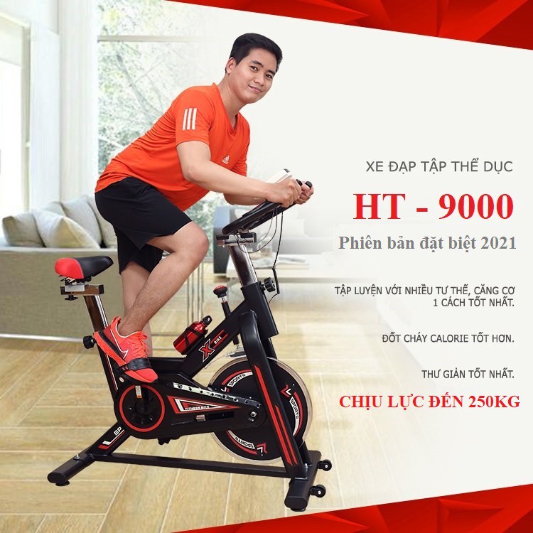 Xe đạp tập thể dục tại nhà HT-9000 KHUNG THÉP DÀY, CHẮC CHẮN, CHUYỂN ĐỘNG BẰNG DÂY CUROA RẤT ÊM, CHỊU LỰC ĐẾN 250KG