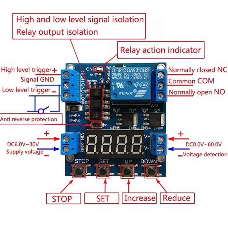 XY-J05 Độ trễ mô-đun Bộ kích hoạt trễ hẹn giờ TẮT Điện áp phát hiện giới hạn dưới trên Đếm thời gian theo chu kỳ Kiểm soát sạc pin