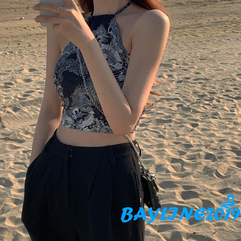 BAY-Women´s Sleeveless Cropped Vest, Pattern Printed Hanging Neck Tank Tops, Ladies Summer Slim-Fit Camisole