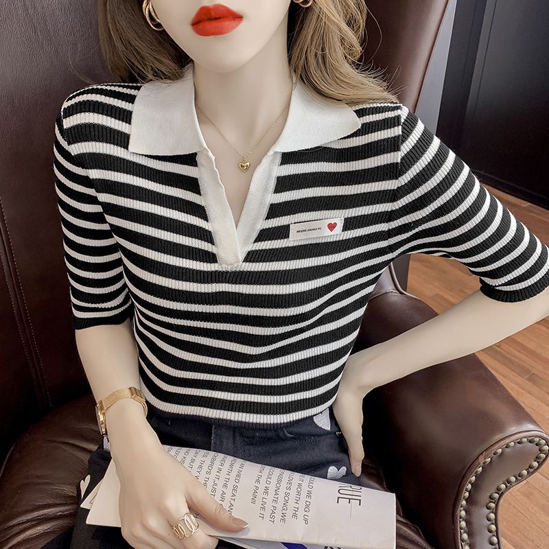 Áo Dệt Kim Cổ Bẻ Kiểu Sơ Mi Melancholy Ngắn Tay Họa Tiết Kẻ Sọc Phong Cách Hàn Quốc