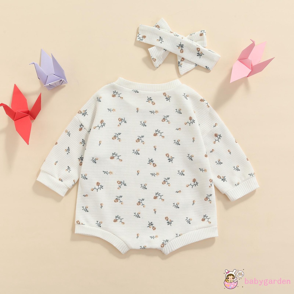 Áo liền quần tay dài cổ tròn in hoa và băng đô cài tóc thời trang mùa xuân cho bé gái