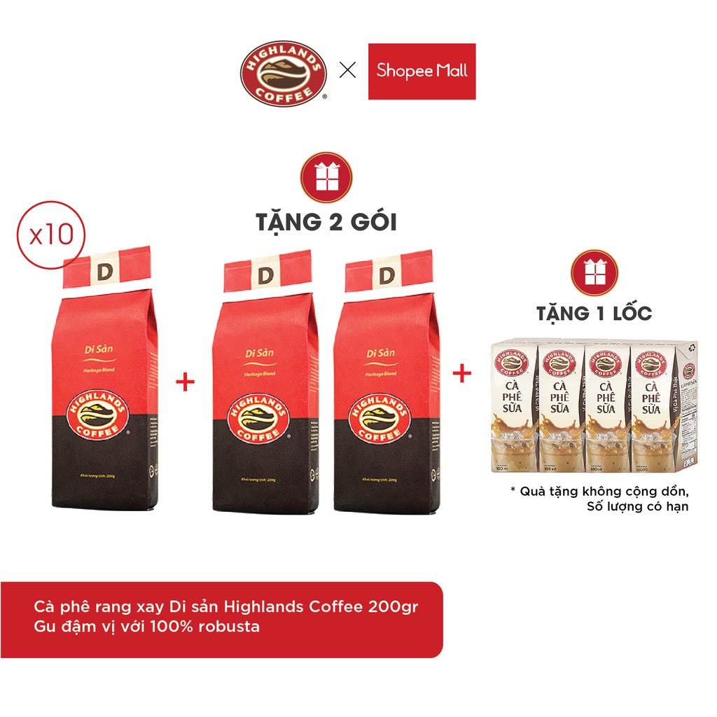 [TẶNG 2 GÓI] Cà phê rang xay Di sản Highlands Coffee 200g - gu đậm KHI MUA 10 GÓI