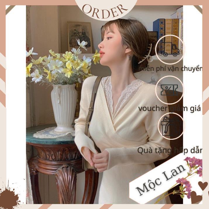 (MộcLan ORDER) Váy len midi cổ V pha ren phong cách Hàn Quốc thu đông -hàng chuẩn không phai hàng xưởng may lại | BigBuy360 - bigbuy360.vn