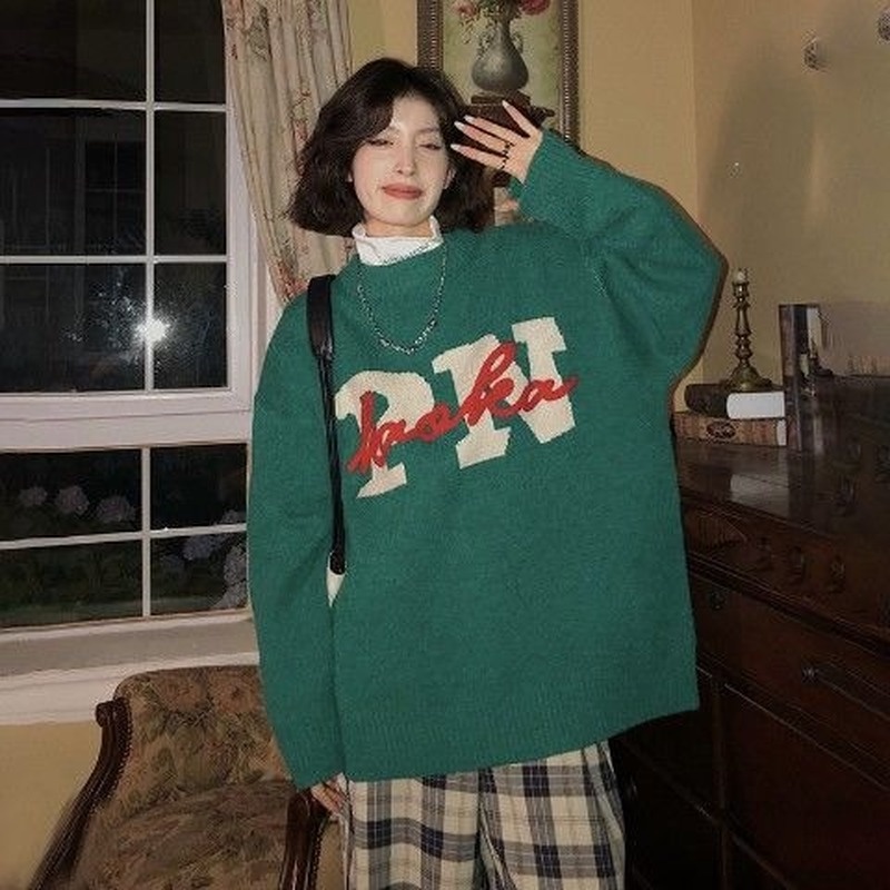 Áo sweater dệt kim dáng rộng in chữ kiểu Retro Mỹ thời trang xuân thu