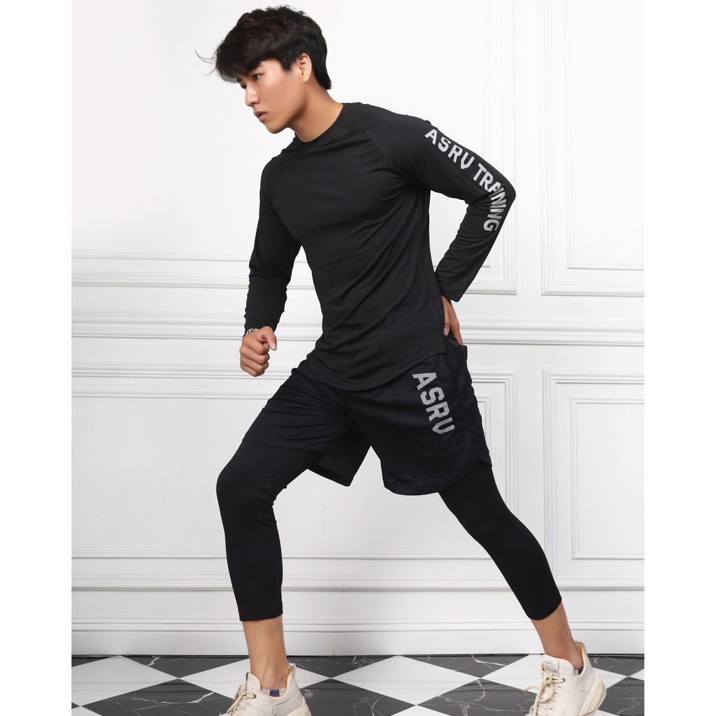 Bộ Đồ Tập Gym Nam ASRV Training Thun Lạnh 4C Kết Hợp Quần Legging 2 lớp và Áo Gym Dài Tay