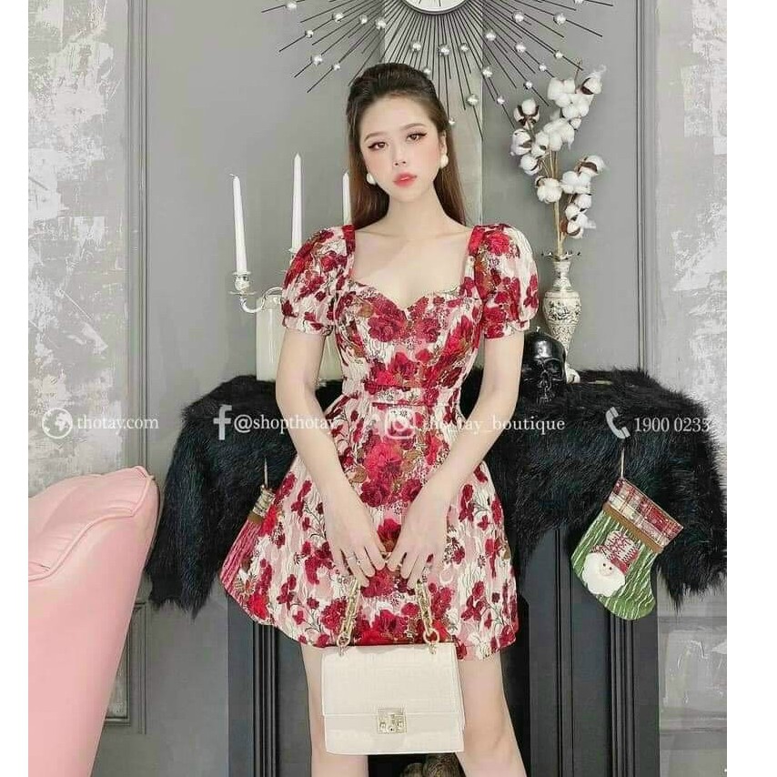 Đầm xoè cổ tim hoạ tiết hoa tay phồng ( kèm mút )