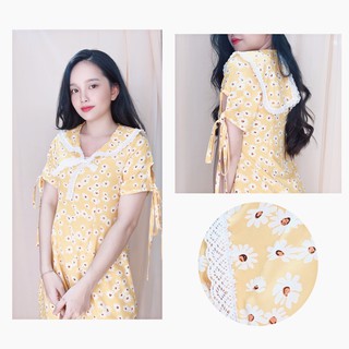 ( HOT ) Đầm Hoa cúc suông lụa hoa cổ sen phối ren