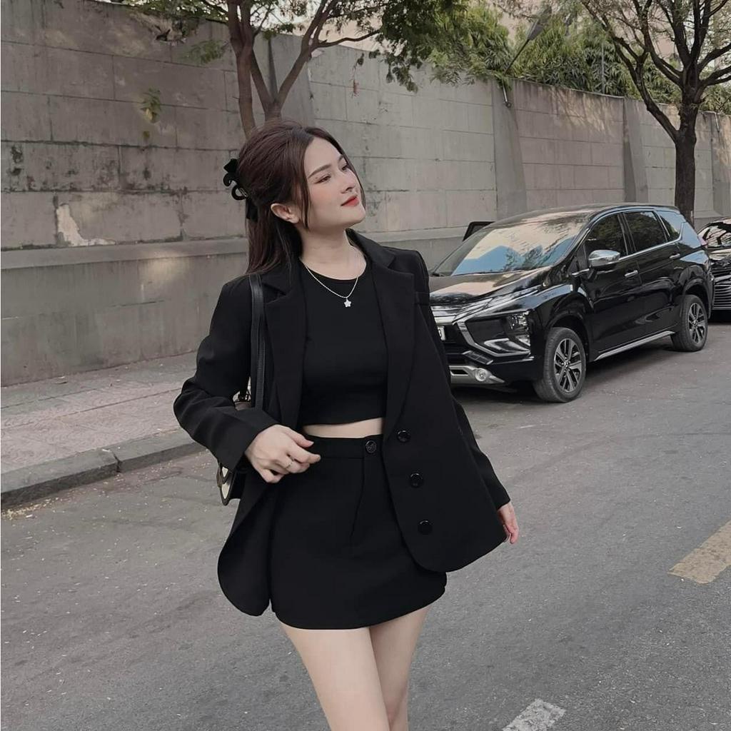 SET VEST 3 MÓN ĐEN: ÁO GÂN + ÁO VEST + CHÂN VÁY ĐEN (TH)