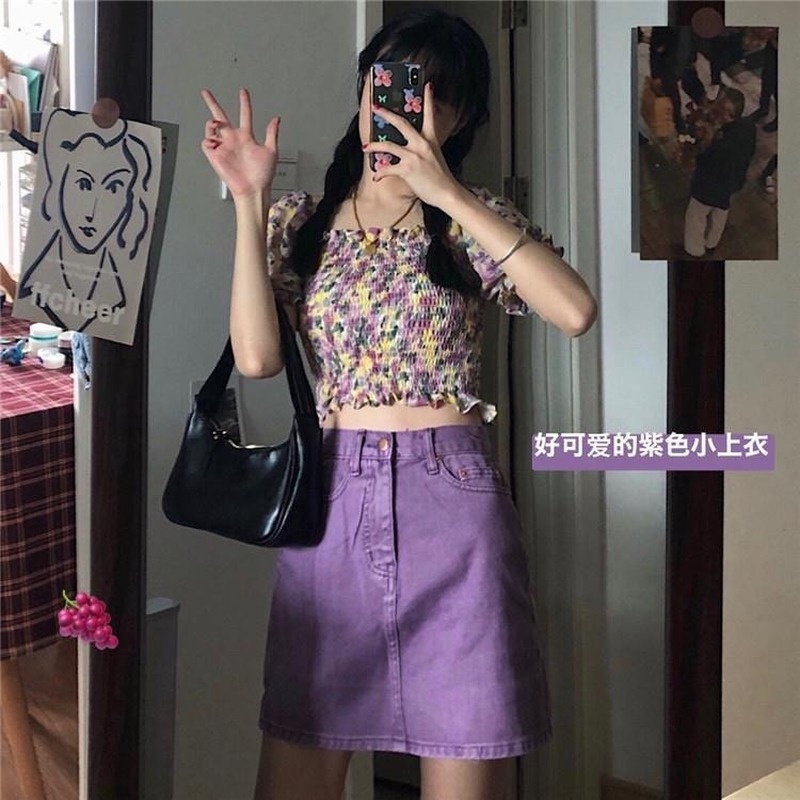 Chân váy jean Chữ A Lưng Cao Màu Tím Phong Cách Retro Cho Nữ Sinh