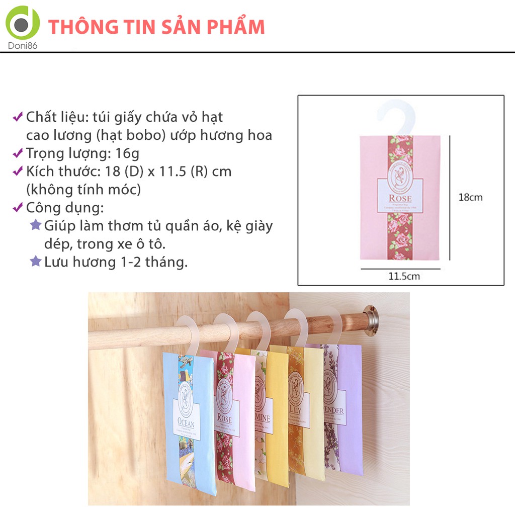 Túi thơm treo tủ quần áo, kệ giày dép, ô tô chứa vỏ hạt bobo ướp hương hoa - PK90 - Doni86