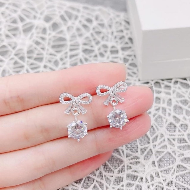 Bông tai bạc nơ đính đá đẹp lung linh, xinh xắn lấp lánh Mainomi Shop Bạc Xinh