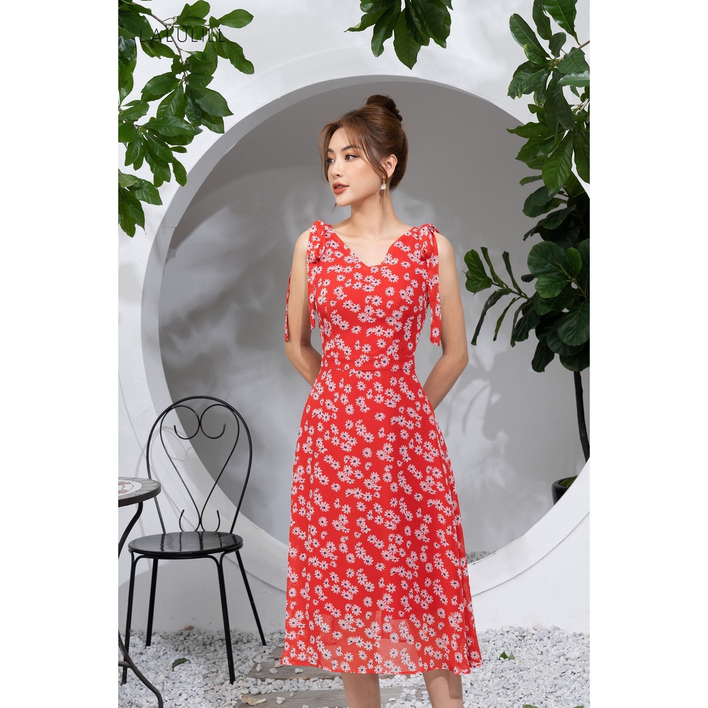 LALULILL - Đầm sát nách cổ V nơ vai đỏ hoa trắng LDL2265504