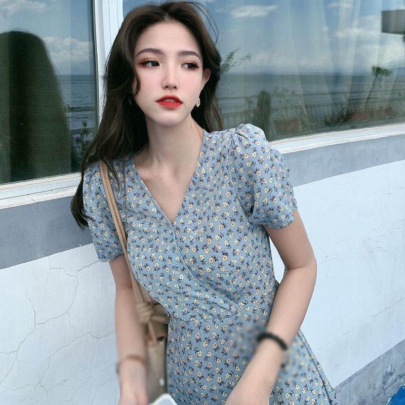Đầm Tay Ngắn Cổ Chữ V Họa Tiết Hoa Xinh Xắn Phong Cách Hàn Quốc | BigBuy360 - bigbuy360.vn