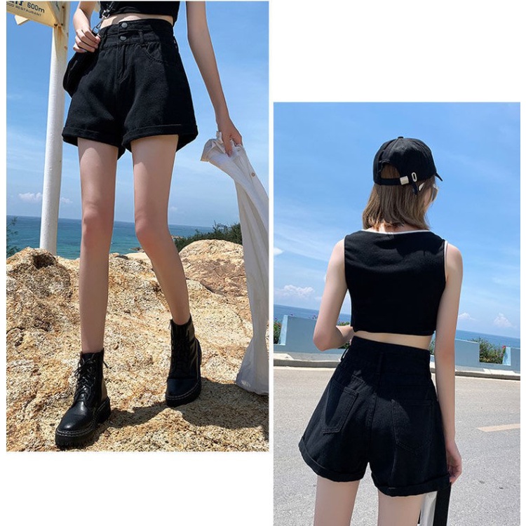 Quần Short Denim Lưng Cao Ống Rộng Thoáng Khí Cho Nữ