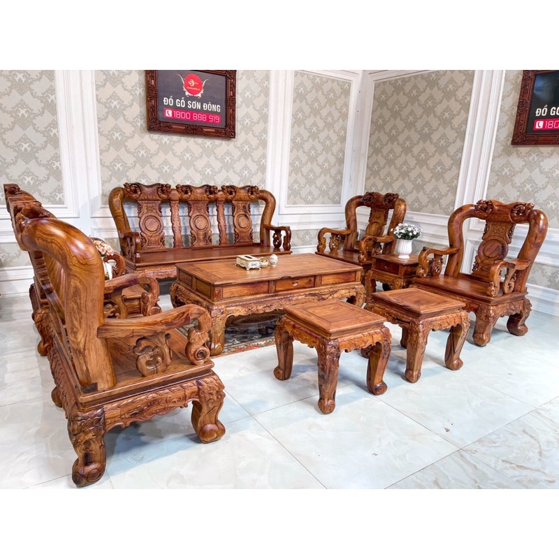 Bộ bàn ghế cẩm lai chạm đào siêu đẹp cột 14, 10 món - BBG269