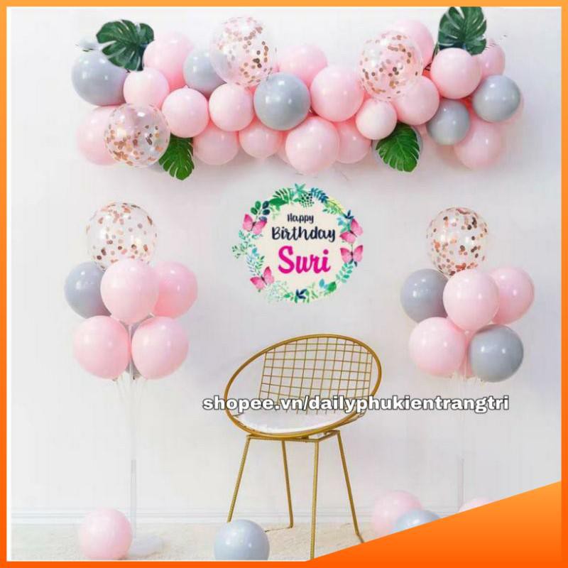 Set Sinh Nhật-  Set bóng sinh nhật bé gái tông hồng có banner tên bé 007Kids