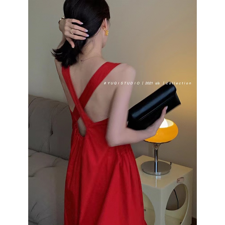 Đầm Dáng Chữ a Hai Dây Hở Lưng Màu Đỏ Phong Cách Pháp 2022 Thời Trang Đường Phố