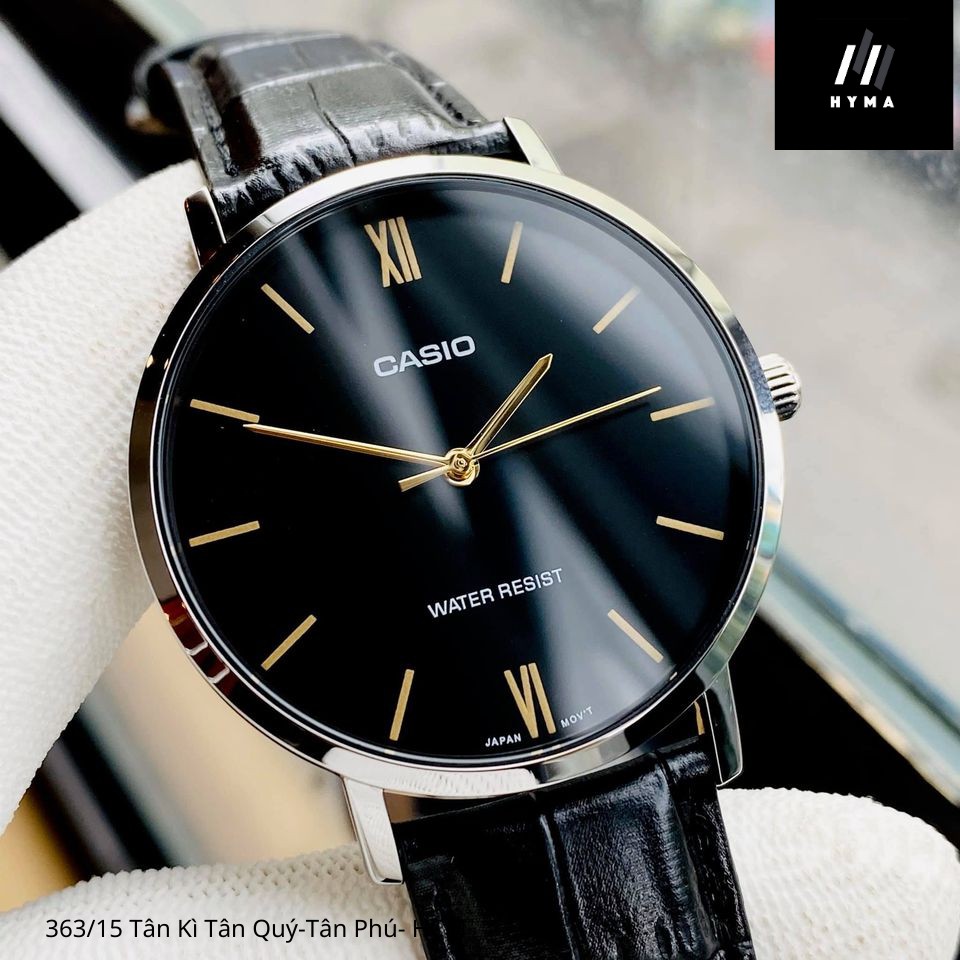 Đồng hồ nam nữ dây da Casio VT01L Mặt đen chống nước 3ATM Bảo hành 1 năm Hyma watch