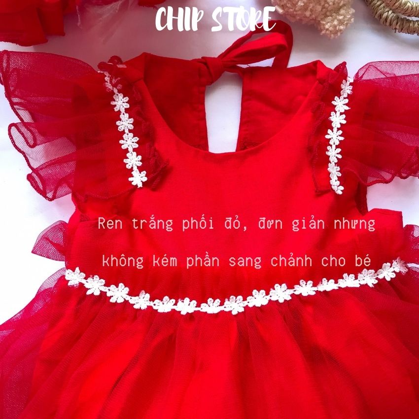 Váy bé gái màu đỏ phối lưới xinh xắn cho bé sơ sinh 1 tuổi TẶNG kèm nón cho bé diện Noel Tết xinh xắn CHIP STORE BDVRD02