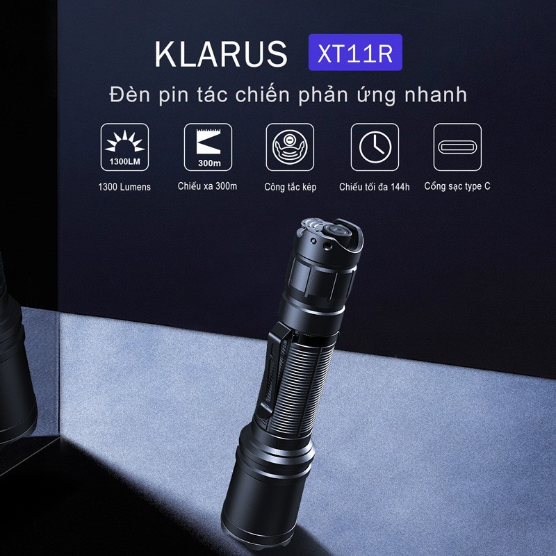 [BH 5 NĂM] [SÁNG CHÓI LÓA] KLARUS XT11R - Đèn pin tác chiến phản ứng nhanh sáng 1300lumen xa 300m cổng sạc type C