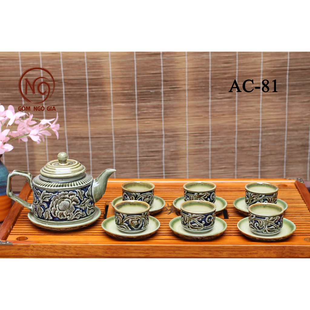 Ấm trà⚡️BÁT TRÀNG⚡️Ấm chén, tách trà, ly men hỏa biến xanh phù dung khắc nổi cao cấp giá rẻ AC-81