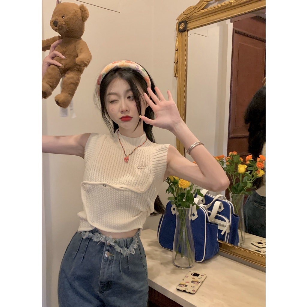 622156#Áo Hai Dây Dệt Kim Màu Trắng Thời Trang Mùa Hè Cho Nữ