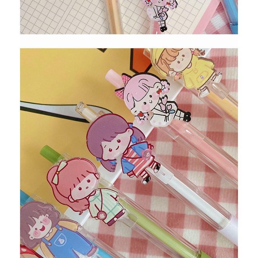 Bút bi bấm gel đen kèm pin cô gái cute A17 Taro Stationery