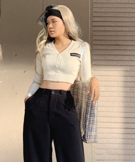 Áo Thun Croptop Tay Dài ( Trắng/Choco)