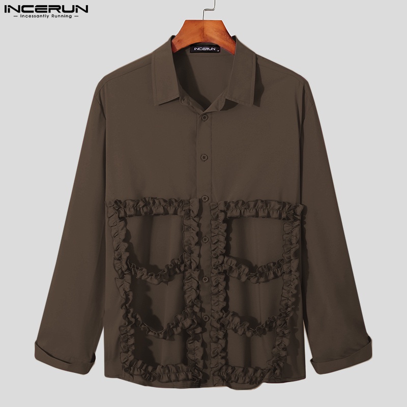 INCERUN Áo Sơ Mi Nam Dài Tay Màu Trơn Thiết Kế Đục Lỗ Thời Trang Dự Tiệc