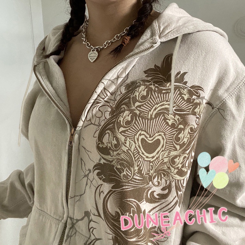 DUNEA Áo Hoodie Tay Dài Dáng Rộng Có Khóa Kéo In Họa Tiết Nghệ Thuật Cho Nữ