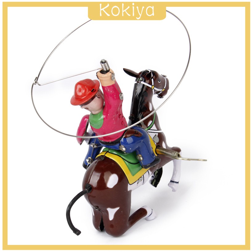 [KOKIYA] Vintage Wind Up Clockwork Tin Toy Cowboy on Horse w/ Whip Lasso Collectible Gift