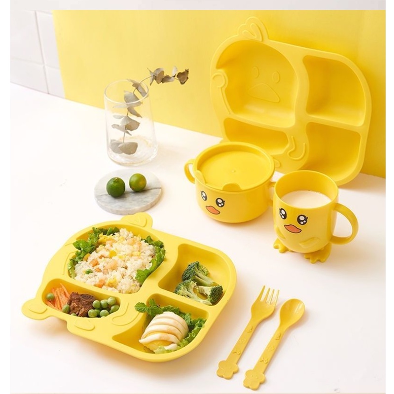 Bộ dụng cụ tập ăn dặm cho bé bằng lúa mạch hình vịt vàng dễ thương